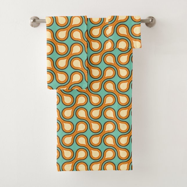 Funky 1970s Metaball Graphic Circle Barbell Orange Bath Towel Set (Insitu)
