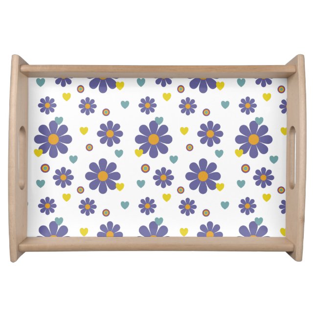 Funky 1970s Purple Flower Power Retro Pattern Serving Tray (Front)