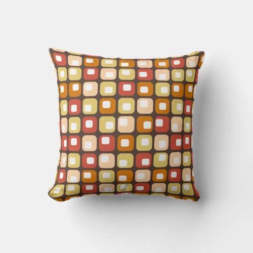 Funky 1970s Squares in Brown Orange Peach Yellow Throw Pillow
