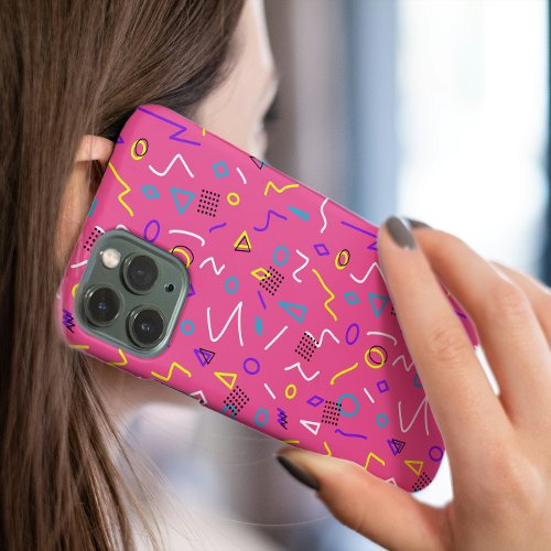 Funky 1980s Memphis Style Shapes on Pink Pattern iPhone 15 Case