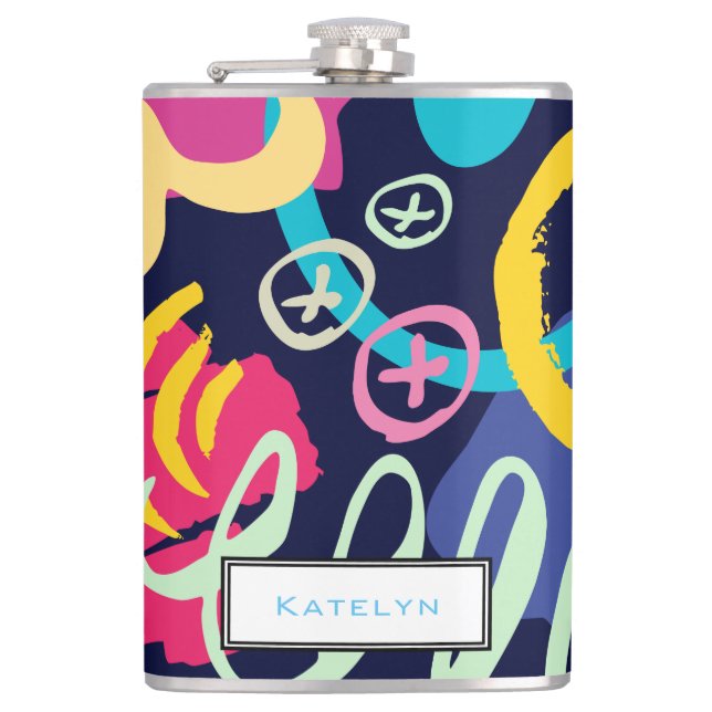 Funky 1980s Style Colorful Pattern with Monogram Flask (Front)