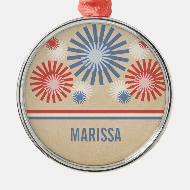 Funky 4th of July Fireworks and Stripes Ornament (Front)