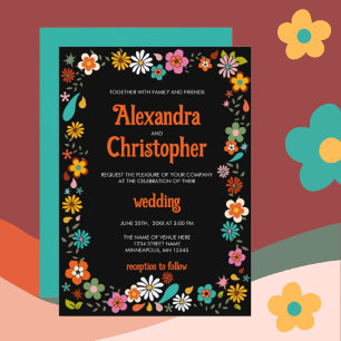 Funky 70's inspired Black backdrop Wedding Invitation