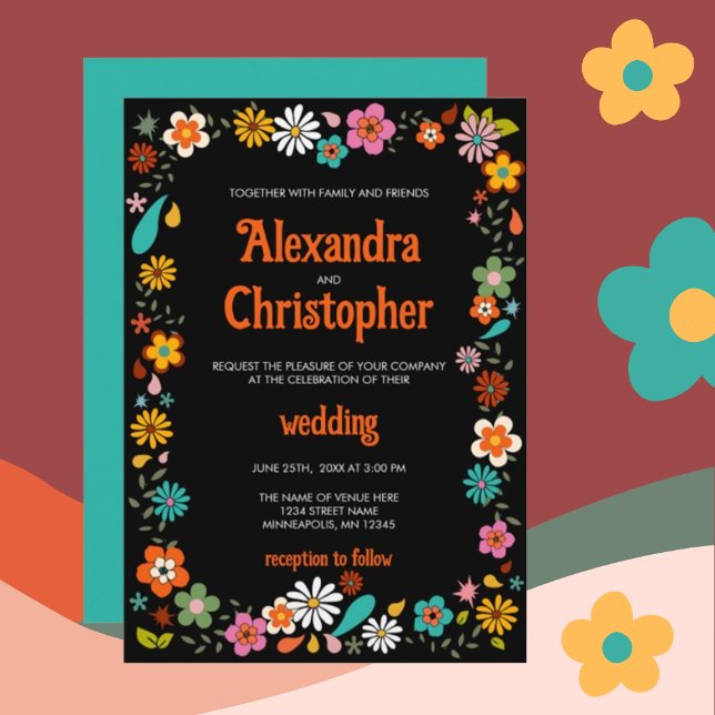 Funky 70's inspired Black backdrop Wedding  Invitation (Creator Uploaded)