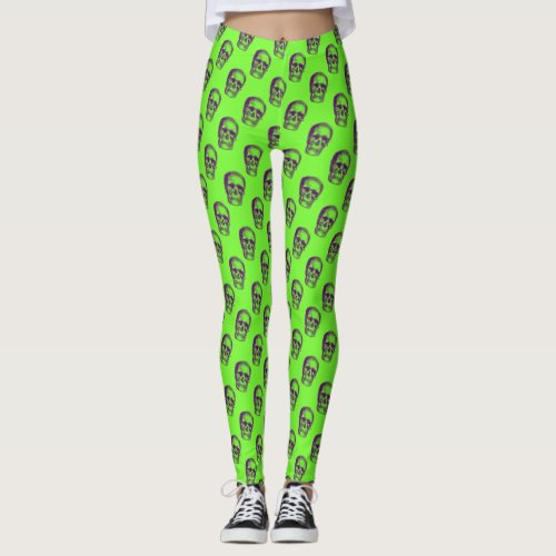 Funky 80s Neon Green Skull Pattern Gym Yoga Leggings