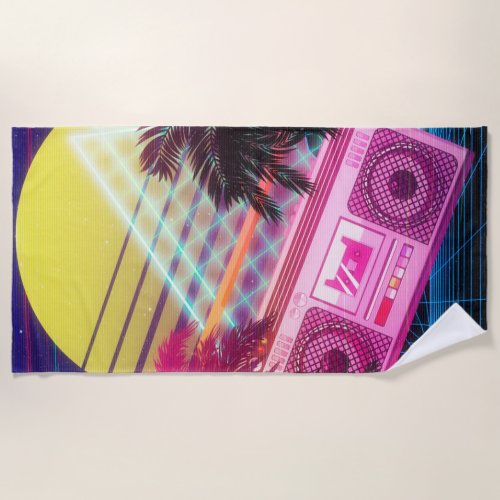 Funky 80s pink boombox with palm trees beach towel