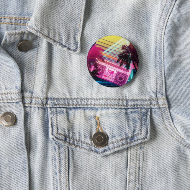 Funky 80s pink boombox with palm trees button (In Situ)