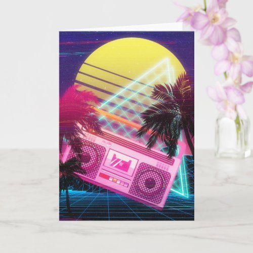 Funky 80s pink boombox with palm trees card