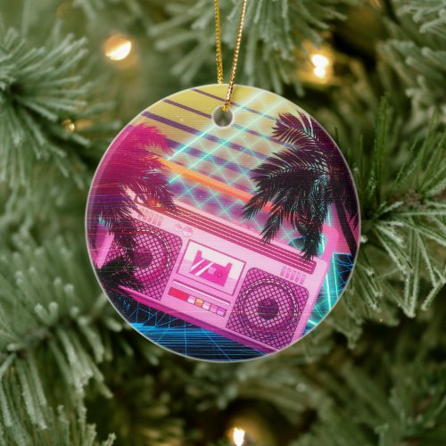 Funky 80s pink boombox with palm trees ceramic ornament