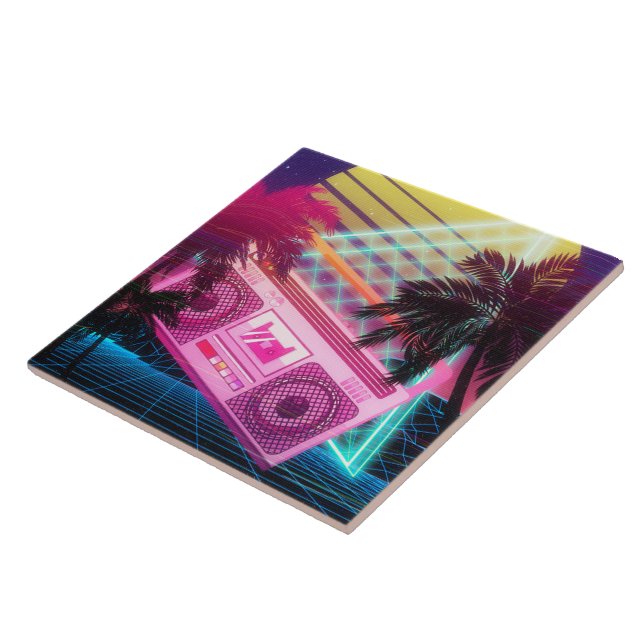 Funky 80s pink boombox with palm trees ceramic tile (Side)