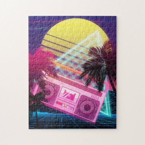 Funky 80s pink boombox with palm trees jigsaw puzzle