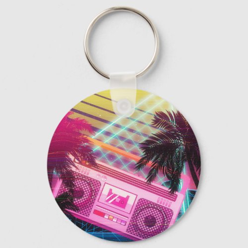 Funky 80s pink boombox with palm trees keychain