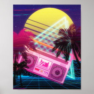 Funky 80s pink boombox with palm trees poster