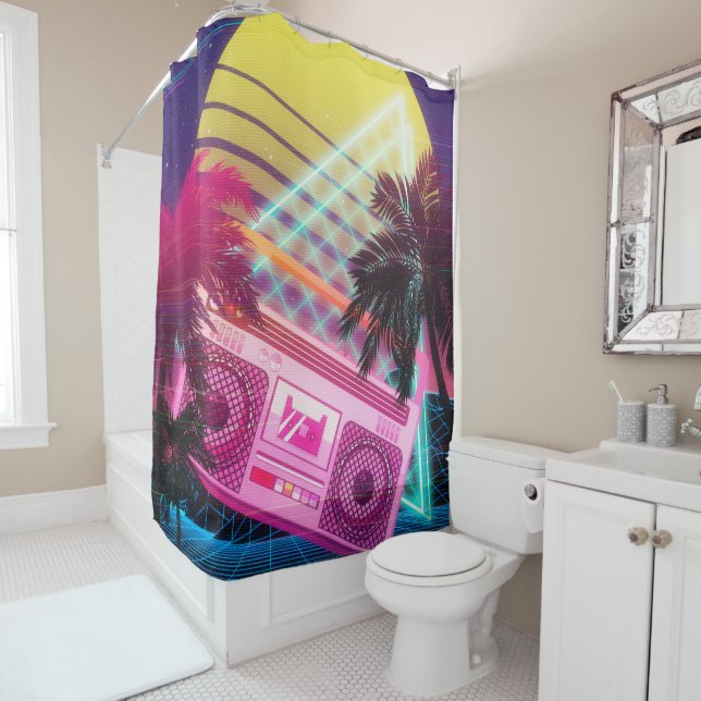 Funky 80s pink boombox with palm trees shower curtain (In Situ)