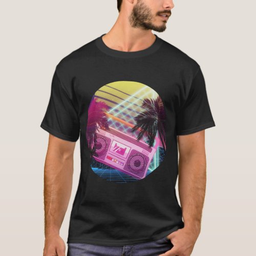Funky 80s pink boombox with palm trees T_Shirt