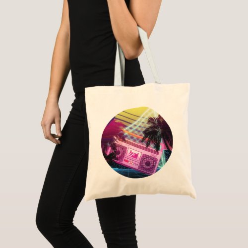 Funky 80s pink boombox with palm trees tote bag