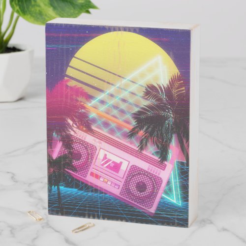 Funky 80s pink boombox with palm trees wooden box sign