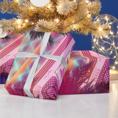 Funky 80s pink boombox with palm trees wrapping paper