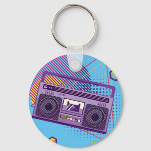 Funky 80s portable radio cassette player, boombox keychain