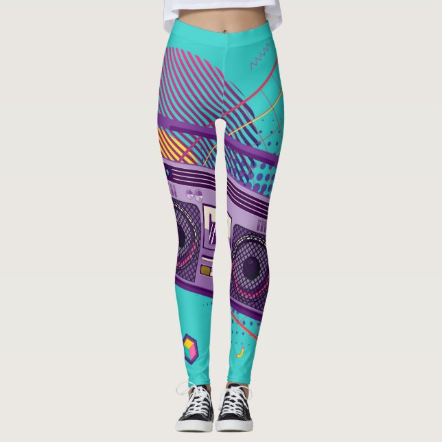 Funky 80s portable radio cassette player, boombox leggings (Front)