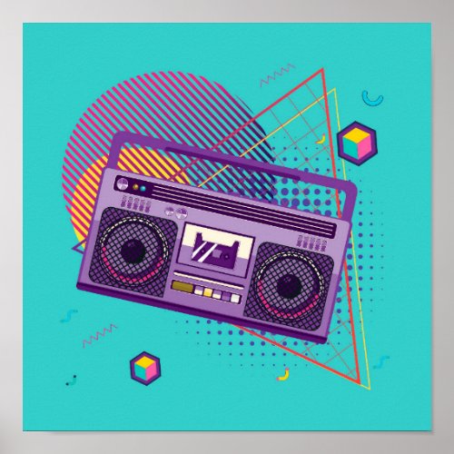 Funky 80s portable radio cassette player boombox poster