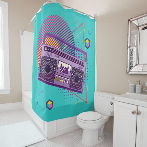 Funky 80s portable radio cassette player boombox shower curtain