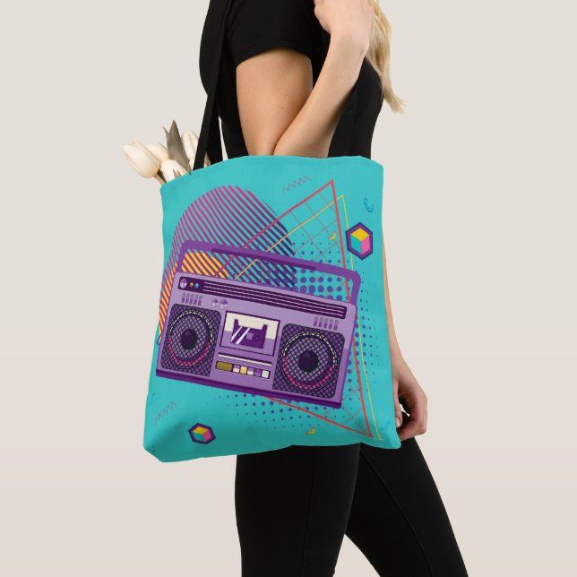 Funky 80s portable radio cassette player, boombox tote bag (Close Up)