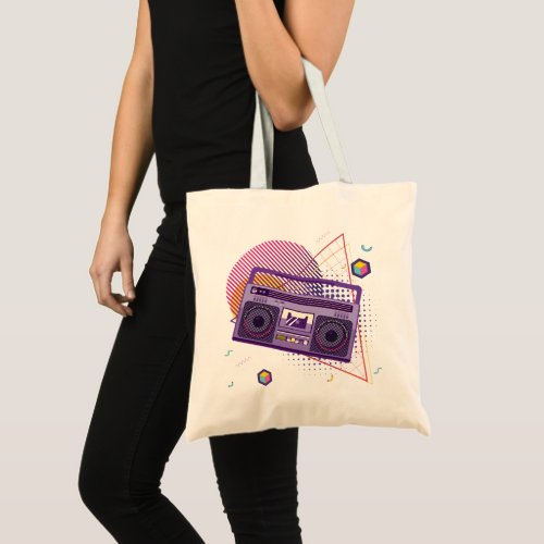 Funky 80s portable radio cassette player boombox tote bag