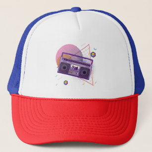 Funky 80s portable radio cassette player, boombox trucker hat