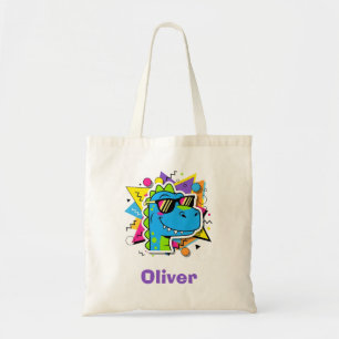Funky 90s Dinosaur with Sunglasses Retro Geometric Tote Bag