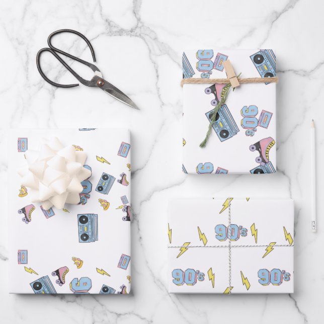 Funky 90's Theme Birthday Gift Set of 3  Wrapping Paper Sheets (Front)