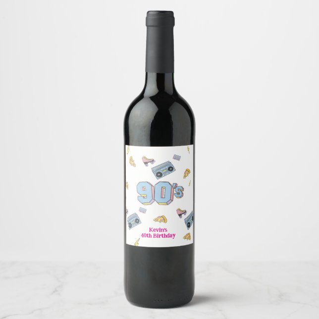 Funky 90's Theme Birthday Gift Tag Wine Label (Front)