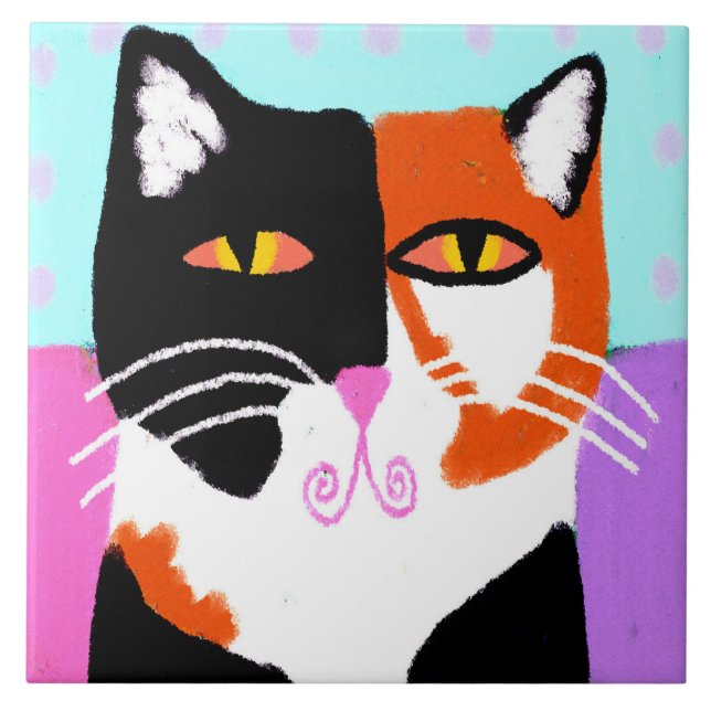 Funky Abstract Art Calico Cat Ceramic Tile (Front)