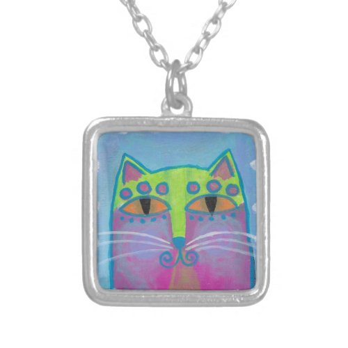 Funky Abstract Art Cat Silver Plated Necklace