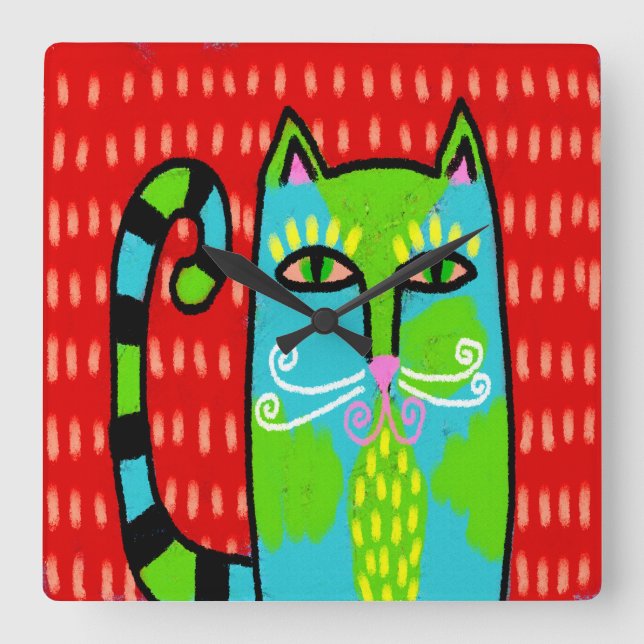 Funky Abstract Art Cat Square Wall Clock (Front)