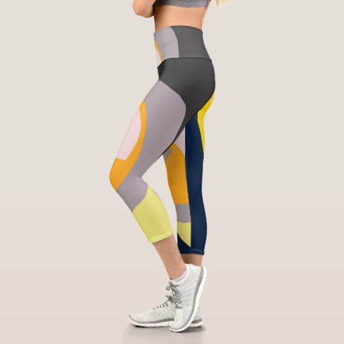 Funky Abstract Art Pale Pastel Charcoal Yellow Capri Leggings