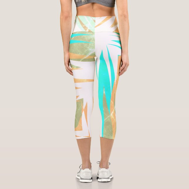 Funky Abstract Art Pastel Turquoise White Capri Leggings (Back)