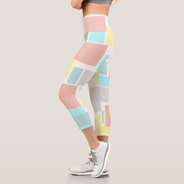 Funky Abstract Art Pastel Turquoise Yellow Capri Leggings (Left)