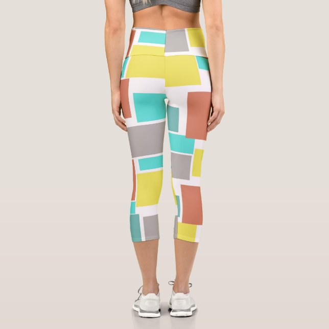 Funky Abstract Art Pastel Turquoise Yellow Capri Leggings (Back)