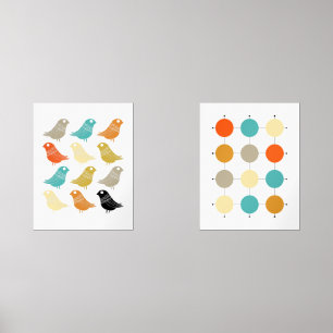 Funky Abstract Birds and Grid Mid Century Modern Wall Art Sets