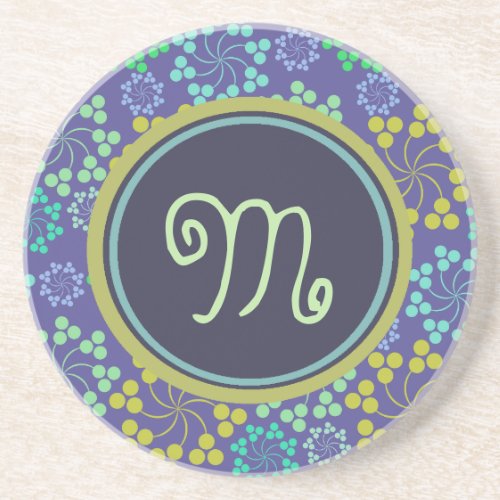 Funky Abstract Blue Floral Pattern Monogram Coaster