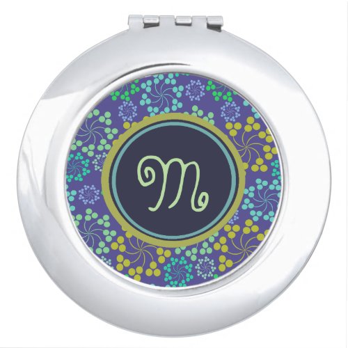 Funky Abstract Blue Floral Pattern Monogram Compact Mirror