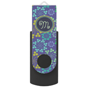 Funky Abstract Blue Floral Pattern Monogram Flash Drive