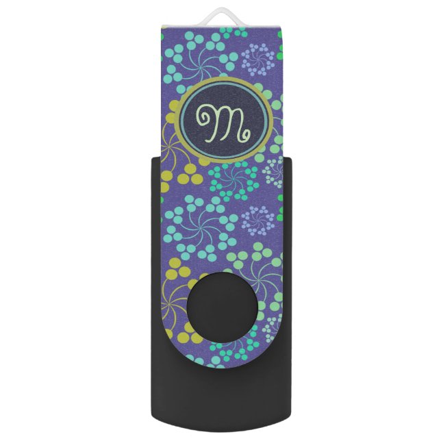 Funky Abstract Blue Floral Pattern Monogram Flash Drive (Front Vertical)