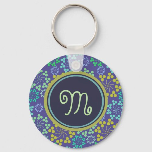 Funky Abstract Blue Floral Pattern Monogram Keychain