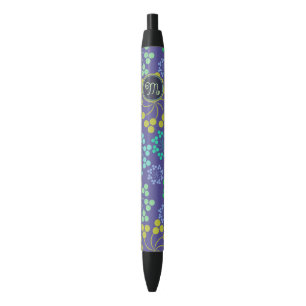 Funky Abstract Blue Floral Pattern Monogram Pen