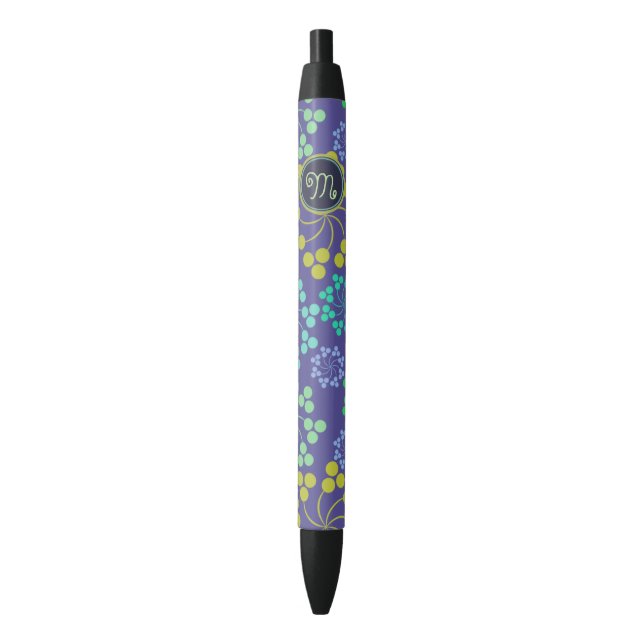 Funky Abstract Blue Floral Pattern Monogram Pen (Front Vertical)