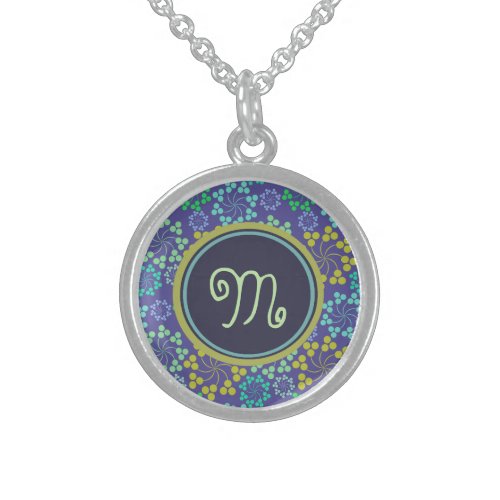 Funky Abstract Blue Floral Pattern Monogram Sterling Silver Necklace