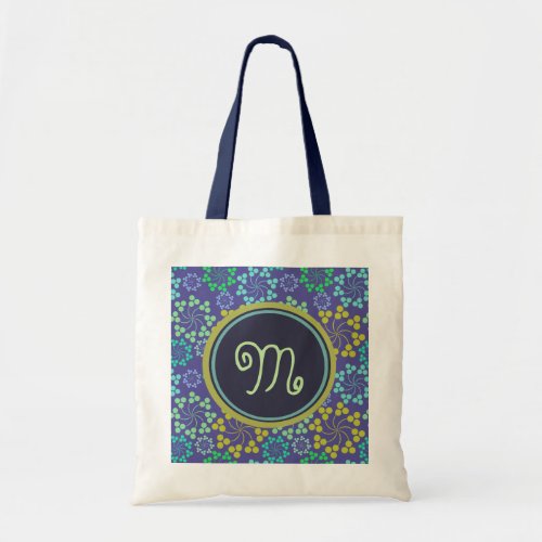 Funky Abstract Blue Floral Pattern Monogram Tote Bag