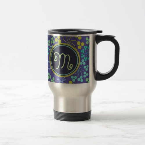 Funky Abstract Blue Floral Pattern Monogram Travel Mug